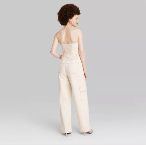 Wild Fable Natural Strapless Tube Top Cargo Wide Leg Jumpsuit One Piece Denim - Picture 2 of 5